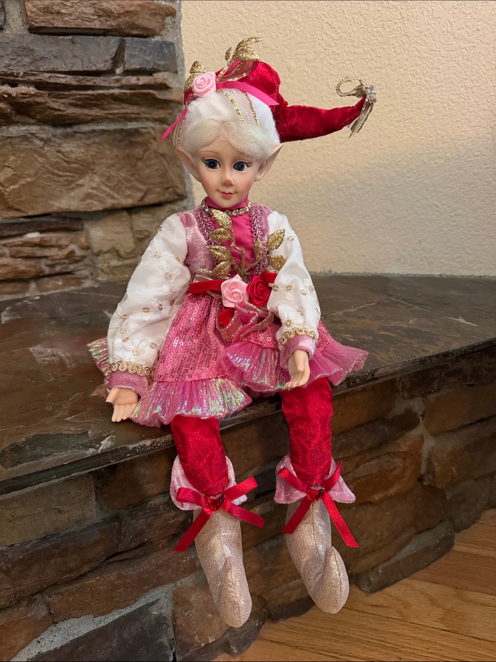 Cynthia Rowley Pink and Gold Holiday Elf Decorative Doll
